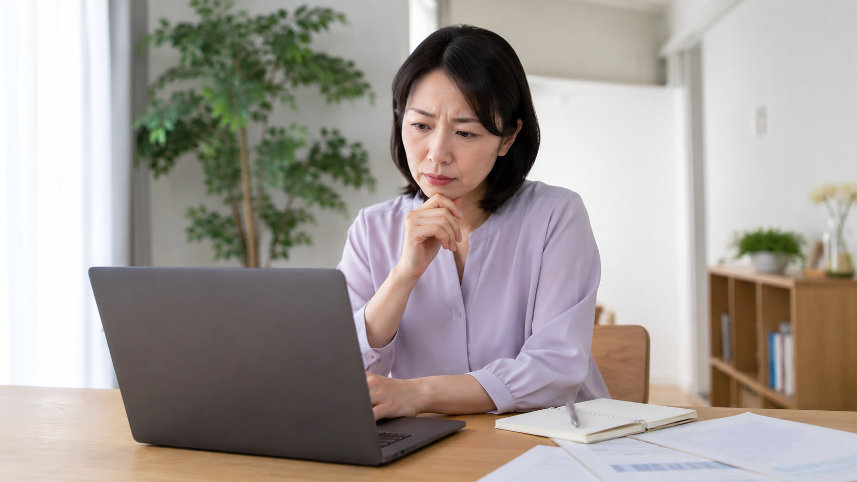 婚活相手の勤務先や年収の説明に疑問を感じて情報を整理する女性