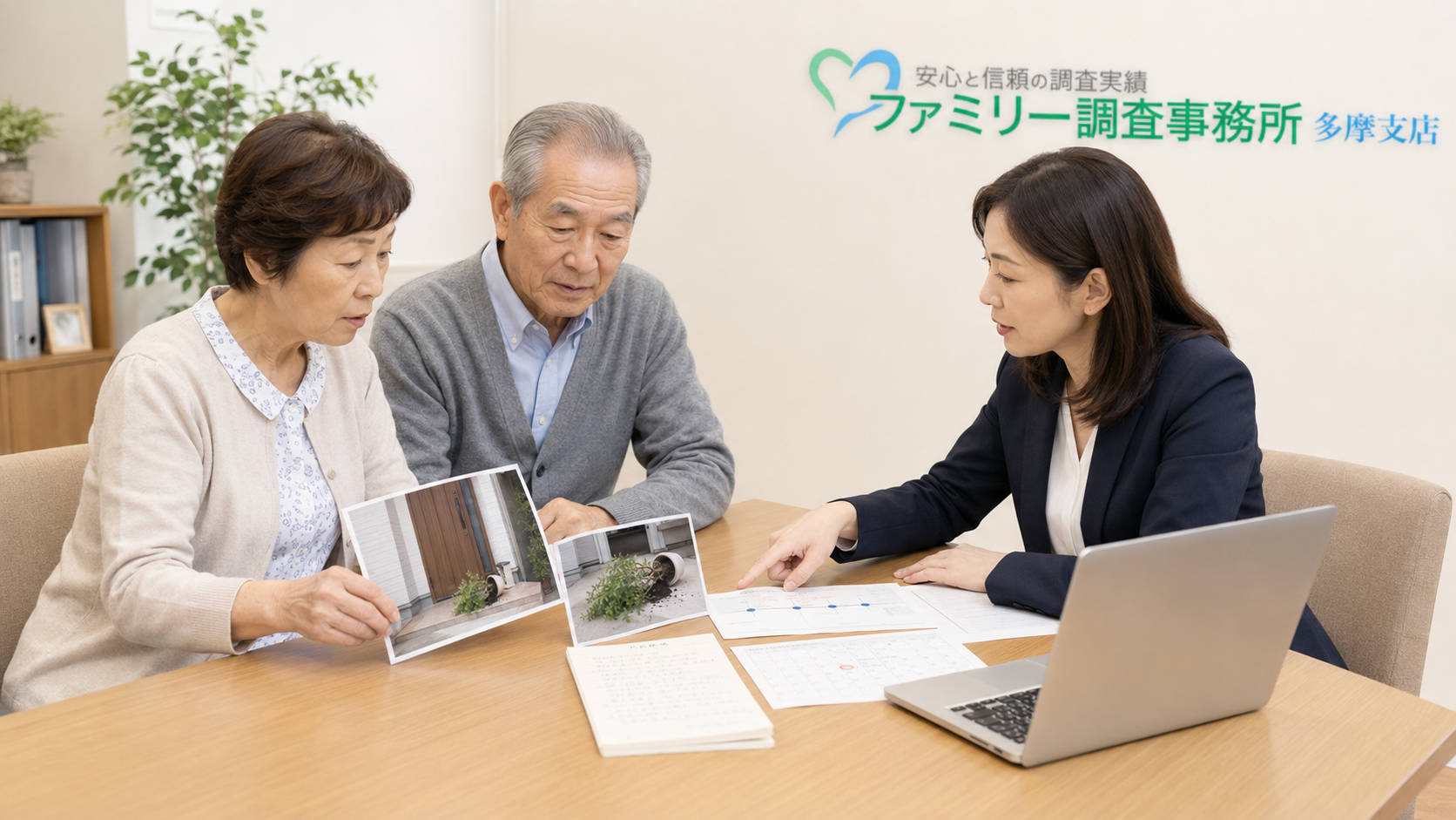 玄関前の物の位置と外出時間を記録する女性