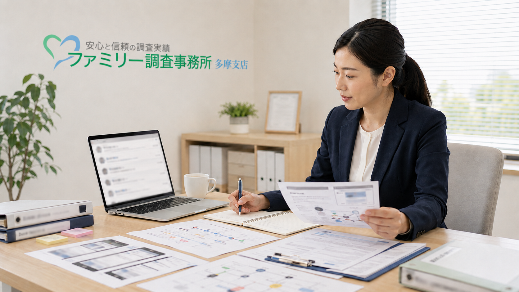 多摩地域の会社周辺で口コミに関連する嫌がらせの状況を確認する女性調査員