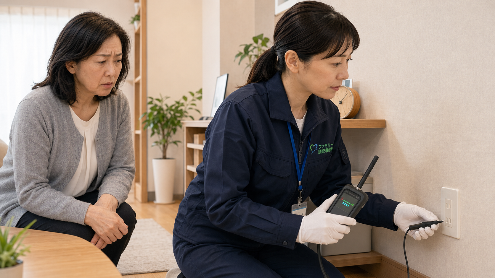 多摩地域の住宅で盗聴器や盗撮カメラの発見場所を確認する女性調査員