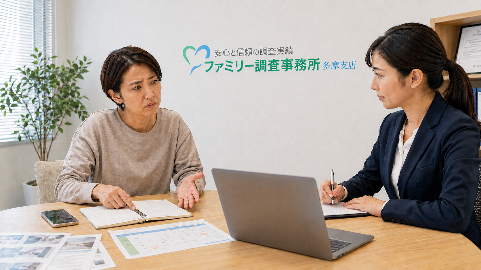 騒音が発生した日時と状況を記録する女性