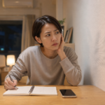 隣人からの大きな音楽の騒音に毎日自宅で悩む35歳の髪の毛が短い女性