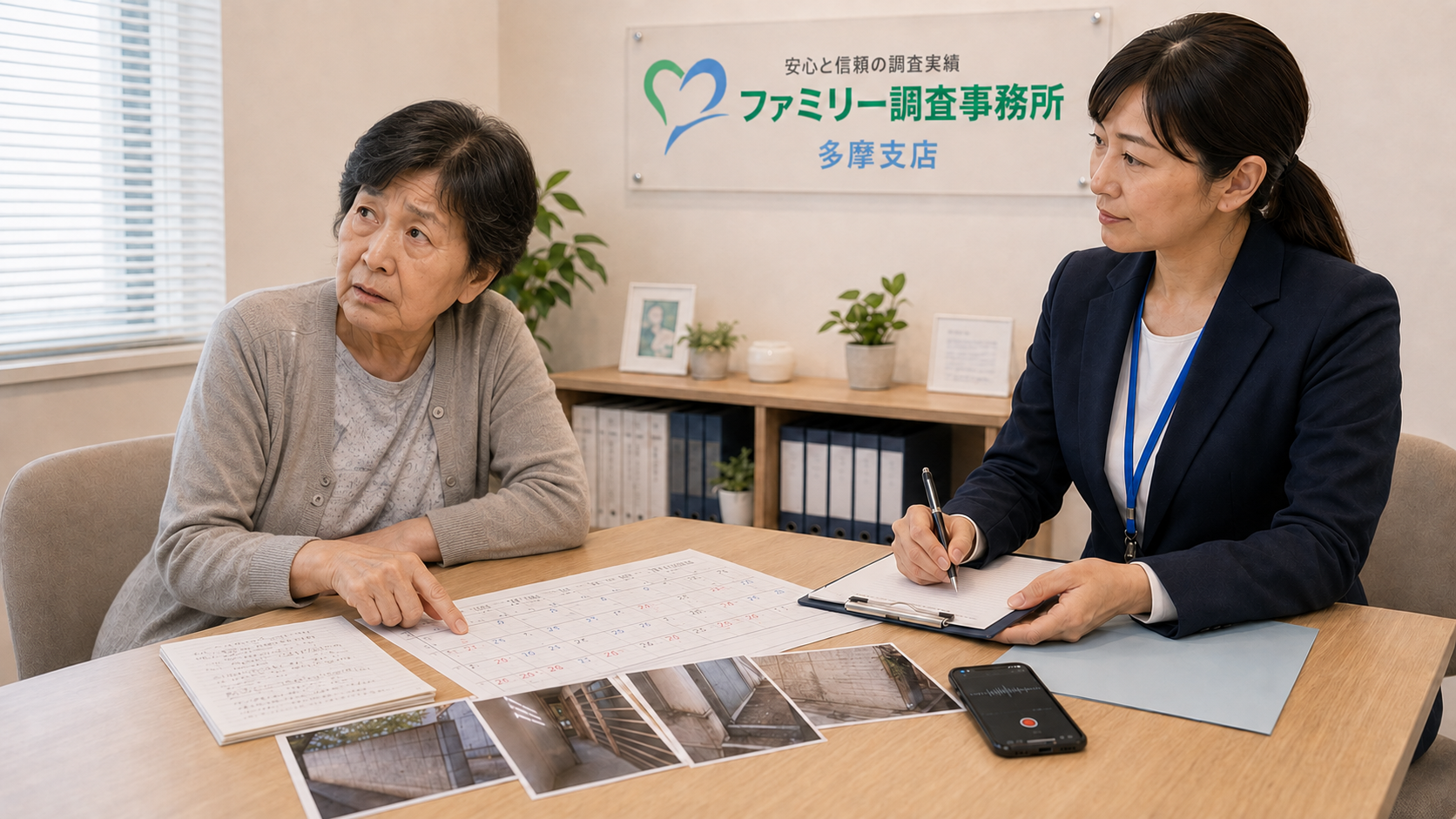 近隣被害の記録や写真を日付順に整理する女性