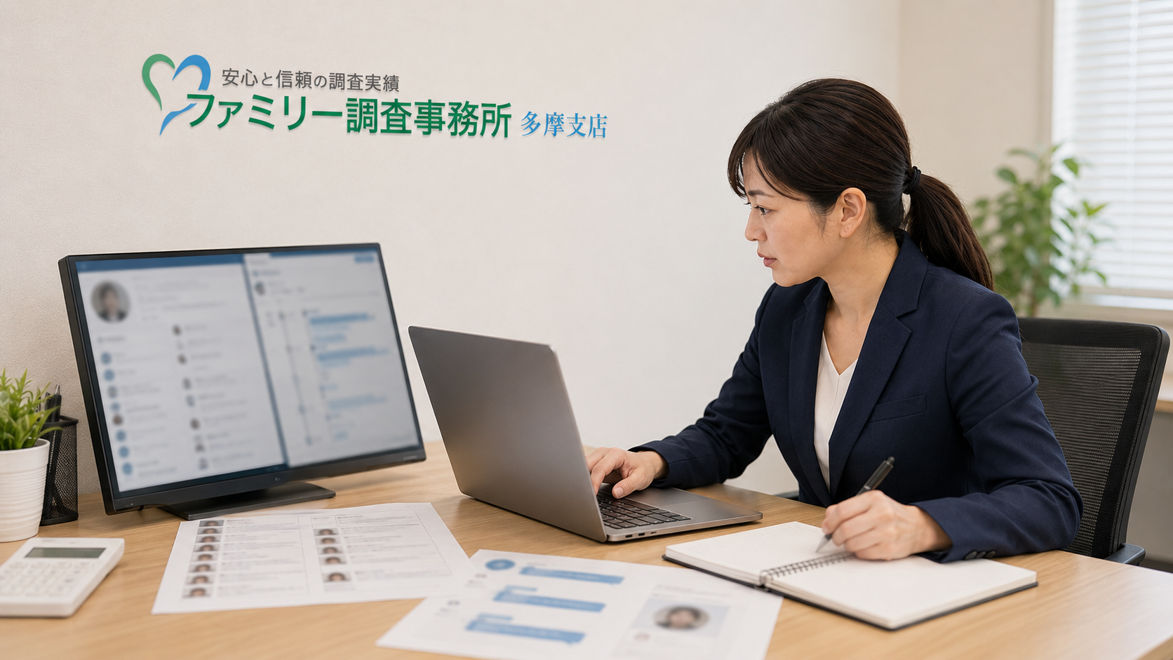 多摩地域でSNSなりすましの被害記録を確認する女性相談員