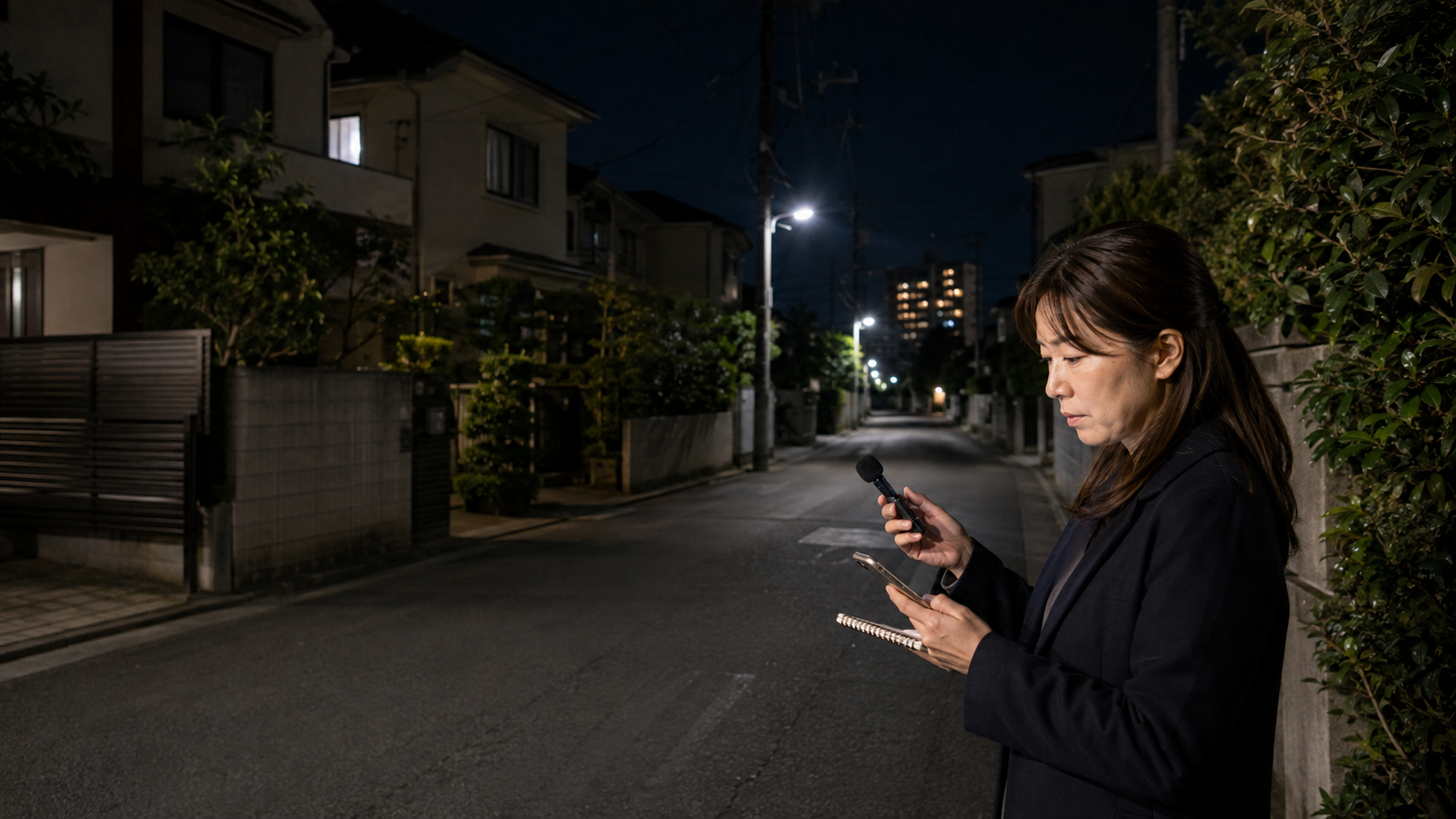 多摩地域の住宅地で近隣トラブルの周辺状況を確認する女性調査員
