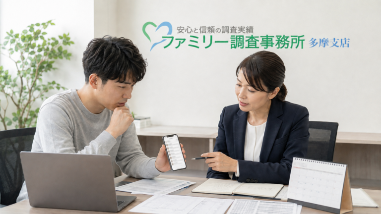 現金を貸した前後のメッセージと記録をもとにファミリー調査事務所多摩支店のロゴいりで女性担当者と相談する20代後半の惰性