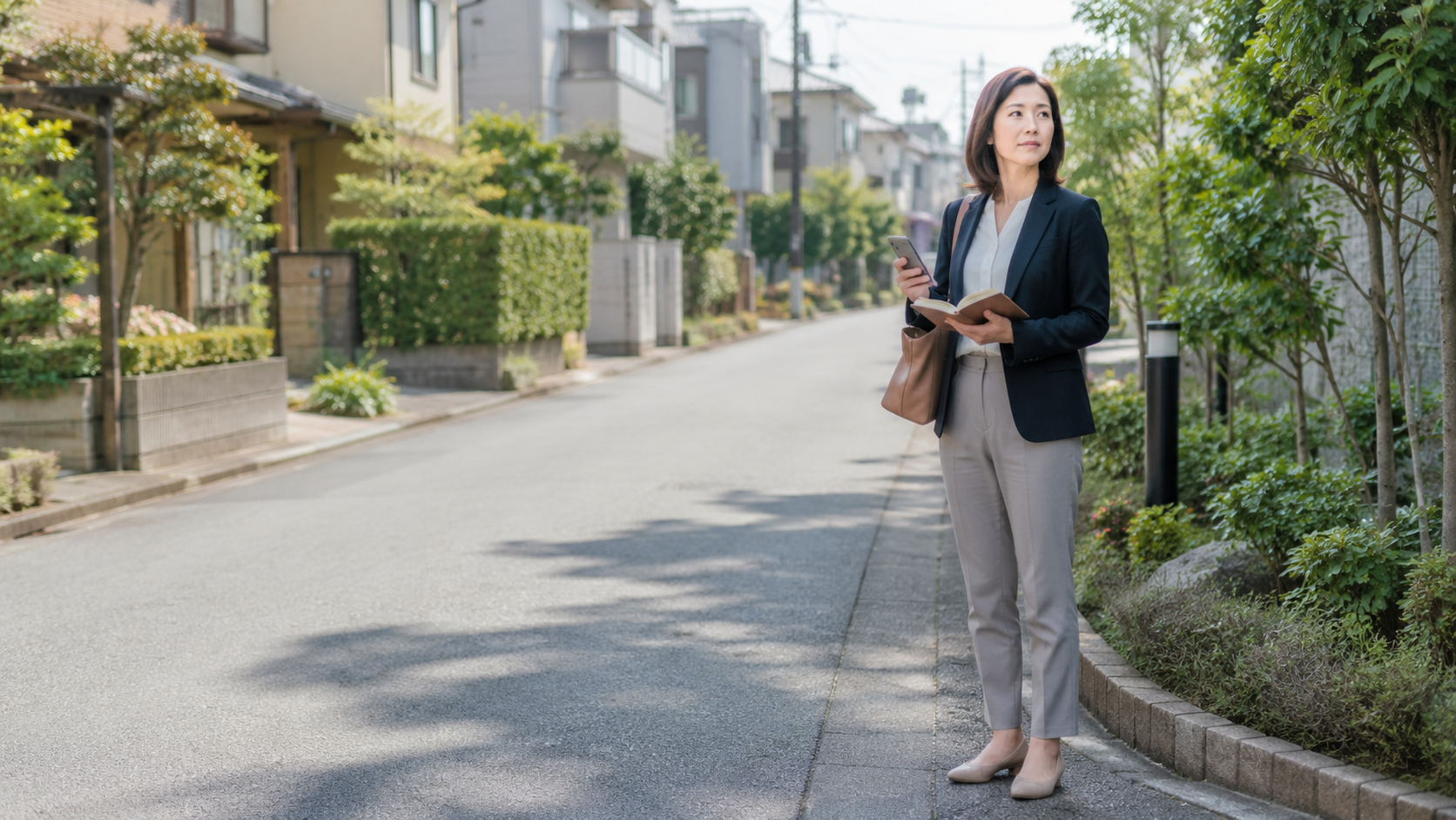 多摩地域の住宅地で近隣トラブルの状況を確認する女性調査員