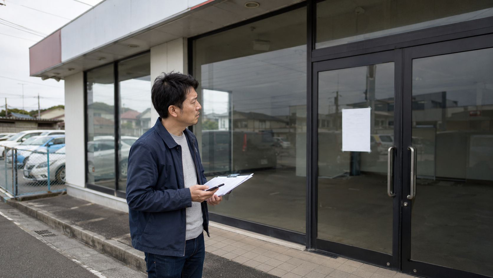 納車前に閉店した中古車販売店の前で状況を確認する購入者