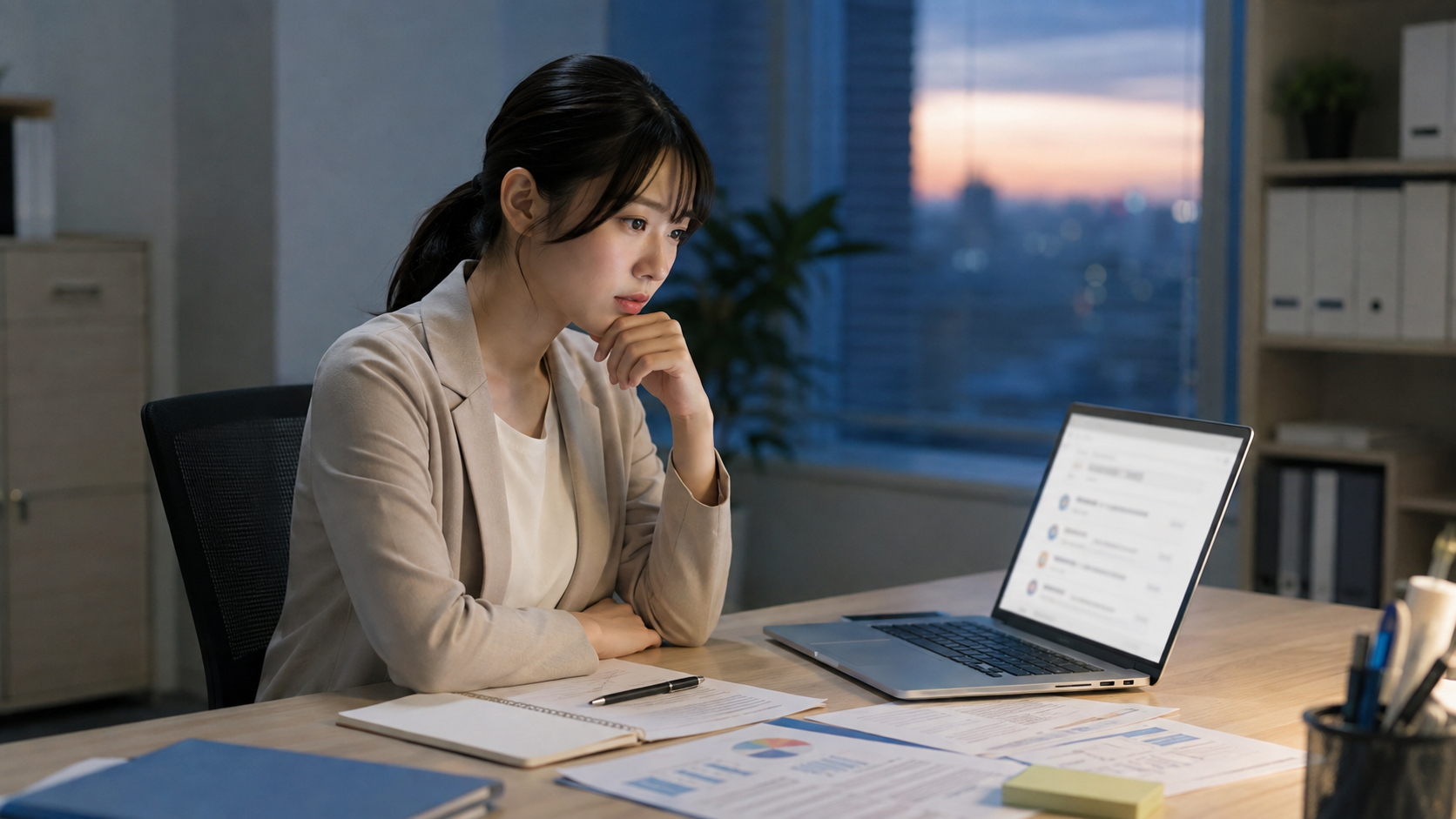 会社の口コミサイトに書かれた虚偽投稿の証拠を保存する女性担当者