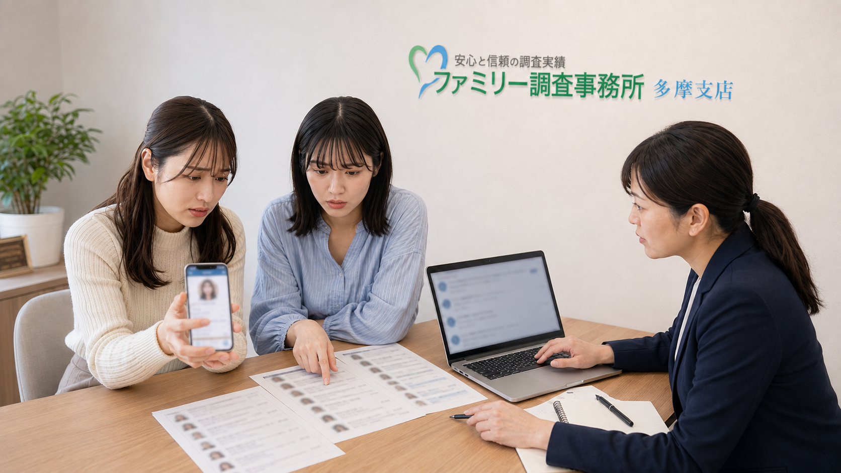 SNSなりすましのプロフィールと送信記録を整理する女性
