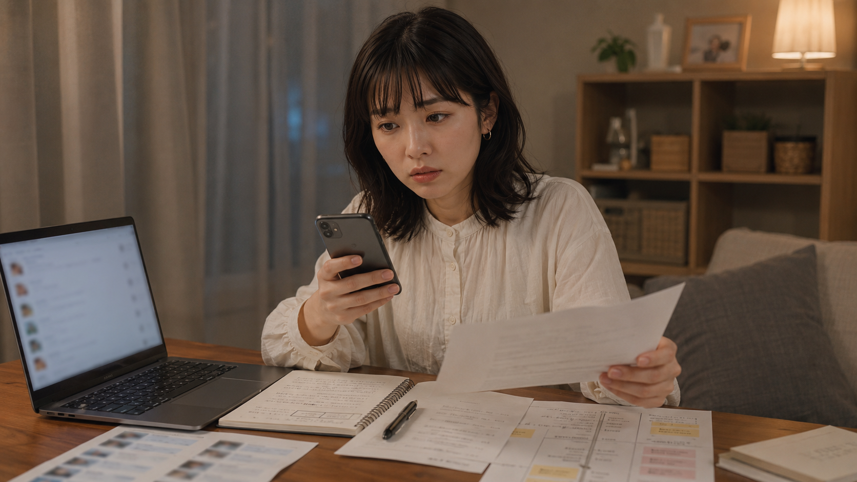 SNSの投稿履歴と不審者の接触記録を整理する女性