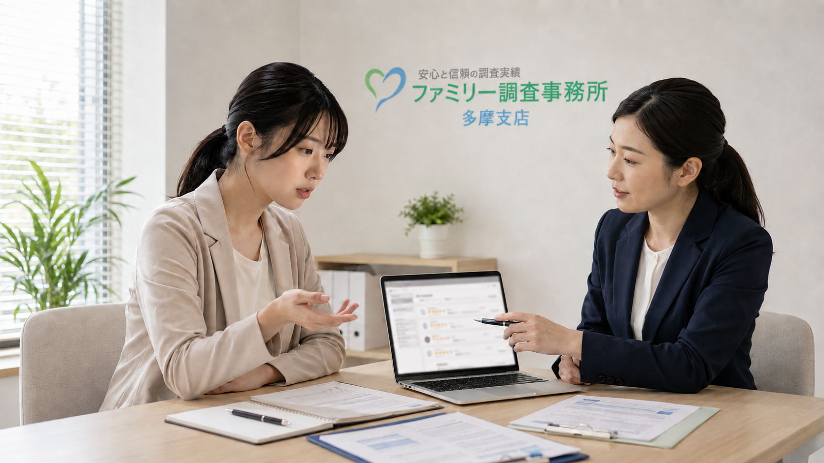 会社の虚偽口コミと社内資料を照らし合わせる女性担当者