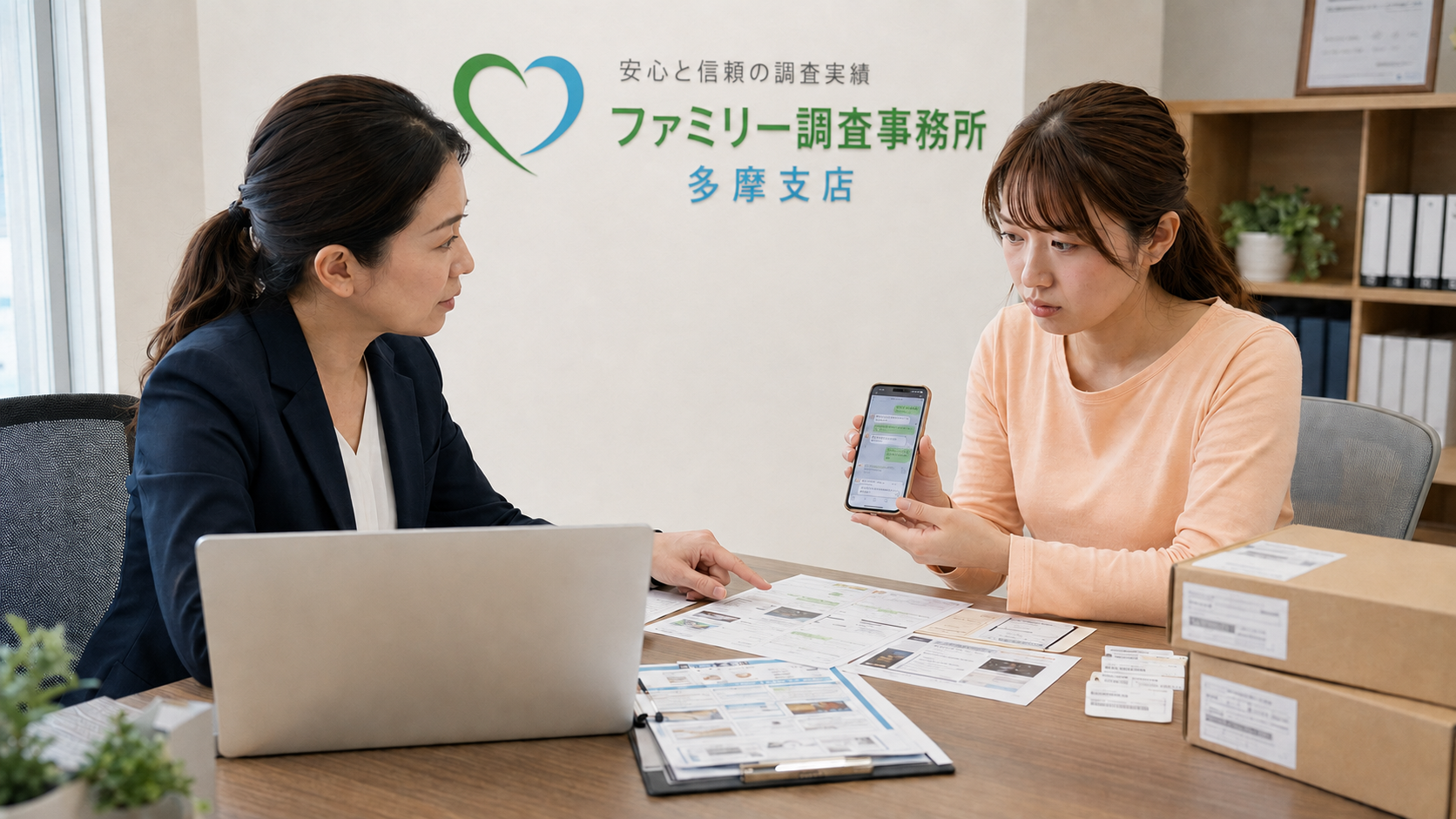 SNSの荷物転送募集と配送記録を整理する女性