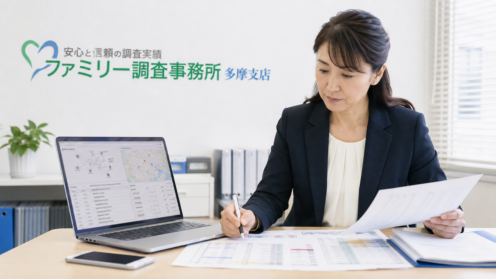 多摩地域で代理購入の取引記録と相手の所在情報を確認する女性相談員