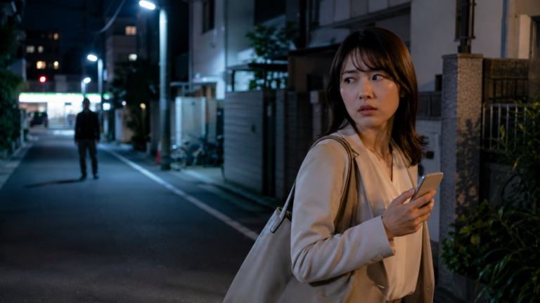 深夜帰宅途中に自宅付近で同じ怪しい、視線を感じる男性人物を何度も見かけて不安を感じる若い女性