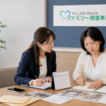 探偵会社女性担当者と探偵会社で打ち合わせする様子