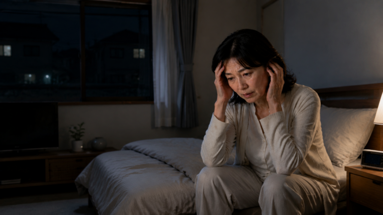 多摩地域で近隣トラブルの出来事で騒音で眠れなく自宅で凄く困っている女性の様子